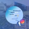 Promotional graphic for AMU featuring a collage of university buildings in the background. A blue circle in the center contains the text: 