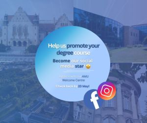 Promotional graphic for AMU featuring a collage of university buildings in the background. A blue circle in the center contains the text: 